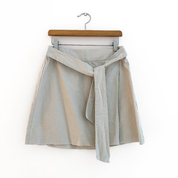 ASOS Faux Wrap Cotton Linen Tan Khaki Bow Mini Skirt - Size 4 - Picture 1 of 8